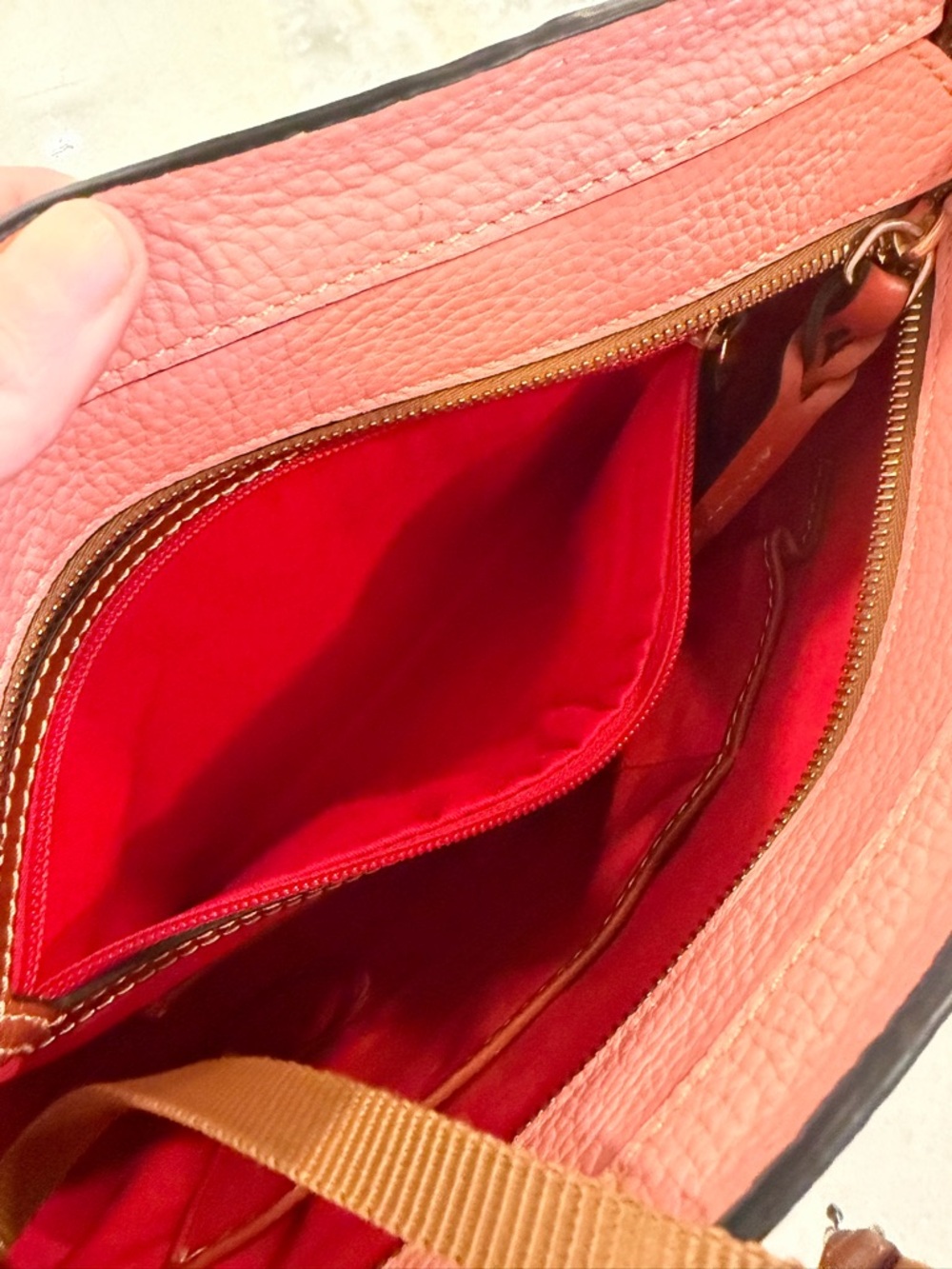Dooney & Bourke Coral Pink Pebbled Leather Tote with Brown Straps - Picture 5 of 8